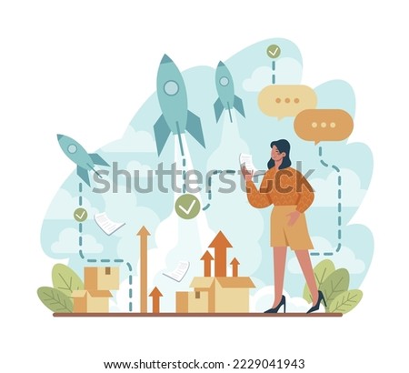 Rocket launch concept. Business start up or succesful project progress. Idea of professional development and entrepreneurship. Flat vector illustration