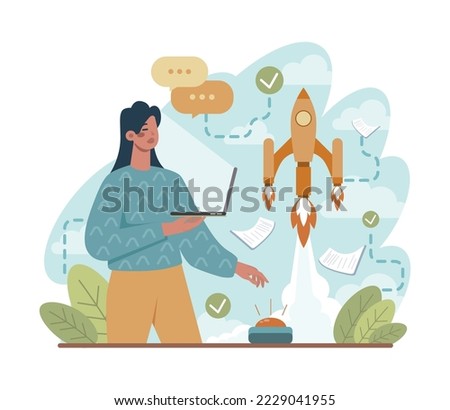 Rocket launch concept. Business start up or succesful project progress. Idea of professional development and entrepreneurship. Flat vector illustration