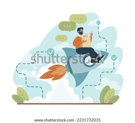 Rocket launch concept. Business start up or succesful project progress. Idea of professional development and entrepreneurship. Flat vector illustration
