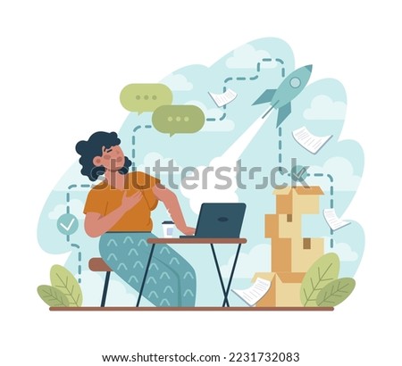 Rocket launch concept. Business start up or succesful project progress. Idea of professional development and entrepreneurship. Flat vector illustration