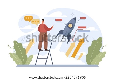Rocket launch concept. Business start up or succesful project progress. Idea of professional development and entrepreneurship. Flat vector illustration