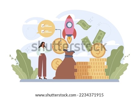Rocket launch concept. Business start up or succesful project progress. Idea of professional development and entrepreneurship. Flat vector illustration
