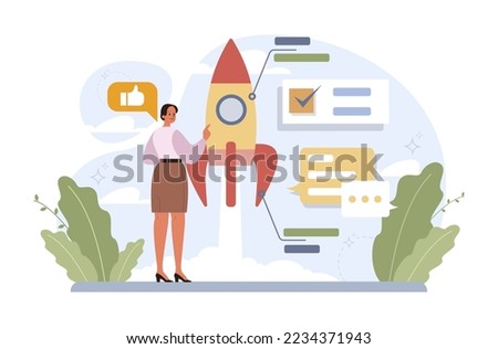 Rocket launch concept. Business start up or succesful project progress. Idea of professional development and entrepreneurship. Flat vector illustration