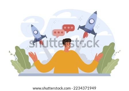 Rocket launch concept. Business start up or succesful project progress. Idea of professional development and entrepreneurship. Flat vector illustration