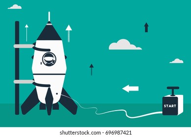 Rocket launch concept. Flat design illustration with rocket, stick astronaut figures and detonator box as starter.
