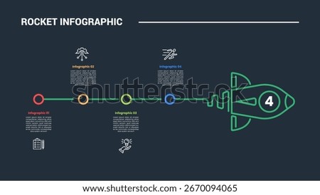 rocket launch concept infographic process diagram with timeline style on horizontal dot direction with dark background bright outline style and 4 points vector