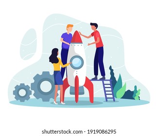 Rocket launch concept. People prepare rocket for launch, Teamwork and startup concept. Business people launching business project startup, Business strategy successful. Vector illustration flat style