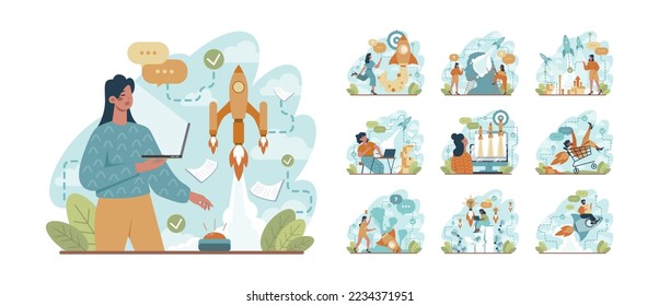 Rocket launch concept set. Business start up or succesful project progress. Idea of professional development and entrepreneurship. Flat vector illustration