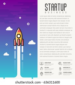 Rocket launch. Concept of start up business. Vector illustration with place for text and icons of donation and investment.