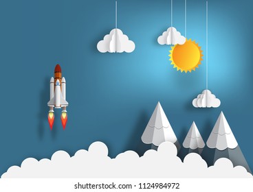  rocket launch  concept stat up business  paper art style background vector illustration 