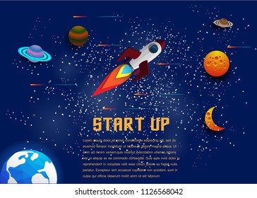  rocket launch  concept stat up business  paper art style background vector illustration 