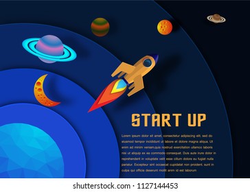  rocket launch  concept stat up business  paper art style background vector illustration 