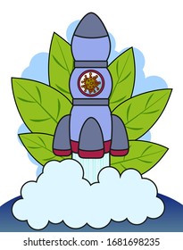 Rocket launch with coronavirus on a background of green leaves. Symbol of victory over the virus covid-19. Cartoon image in flat style. EPS10 vector illustration