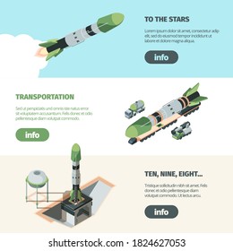 Rocket launch cosmodrome horizontal isometric banner. Preparation of shuttle testing flight systems necessary delivery fuel and spare parts conquest scientific exploration space. Vector template.