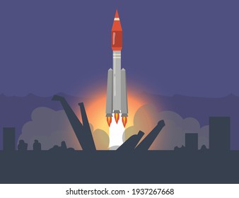 Rocket launch from cosmodrome. Spaceship start at space-vehicle launching site. Flat vector illustration. Spaceport, science, technology concept