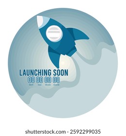 Rocket Launch Countdown Concept. Rocket with circular gradient backdrop and Launching Soon text to communicate innovation. Flat vector modern illustration 