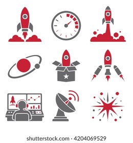 Rocket launch countdown liftoff and orbit icons for product debuts