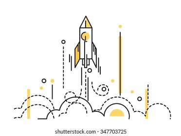 Rocket Launch. Creative Start Up. Flat Thin Line Design Elements. Vector Illustration