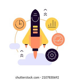 Rocket launch and dashboard with parameters. Modern flat illustration, infographic element. Vector file.