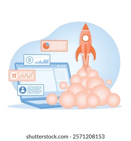 Rocket launch depicting growth and progress, digital graphs and diagrams. Symbolizes improvements, technological progress, and modern business solutions. Startup launch concept.