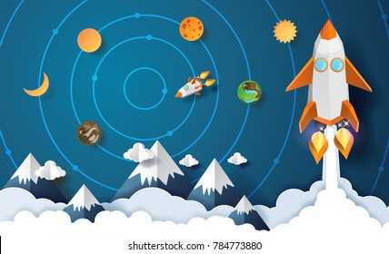 Rocket Launch Design Concept In Galaxy Planet .Vector Illustration. Paper Art Carving.
