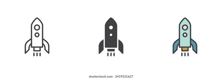 Rocket launch different style icon set. Line, glyph and filled outline colorful version, outline and filled vector sign. Startup symbol, logo illustration. Vector graphics