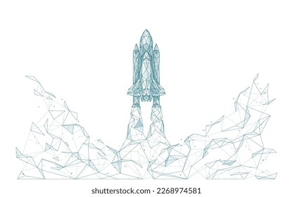 Rocket launch. Digital 3D space shuttle from polygons and lines isolated on white background. Technology abstract cosmos or start up concept. Vector low poly wireframe illustration.