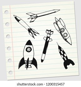 Rocket launch doodle design style. Space ship hand drawn sketch in vector illustration