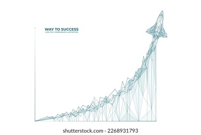 Rocket launch. Exponential growth chart from polygons. Technology fast growth. Business or finance, career concept. Digital space shuttle technology. Isolated vector illustration on white background.