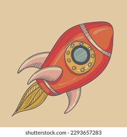 Rocket launch and fiery flame. In cartoon style rocket isolated on white background. Takeoff of the spaceship. New project symbol. Vector illustration