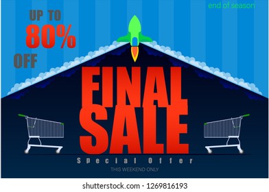 rocket launch final sale up to 80% end of season special offer dark blue tone vector illustration eps10
