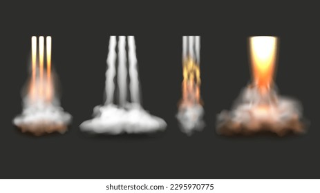 Rocket launch fire. Flame and smoke from space shuttle startup decent vector realistic illustration set