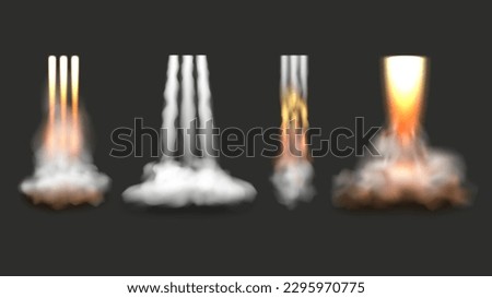 Rocket launch fire. Flame and smoke from space shuttle startup decent vector realistic illustration set