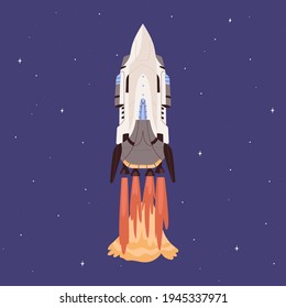 Rocket launch with fire flames from engine. Spaceship flying up in outer space. Cosmic shuttle takeoff and flight. Startup concept. Colored flat vector illustration of intergalactic missile