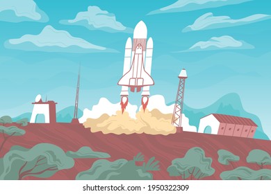 Rocket launch flat composition with outdoor view of rocket starting up from launch pad with trails vector illustration