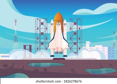 Rocket launch flat composition with view of launching site with space centre buildings and starting rocket vector illustration