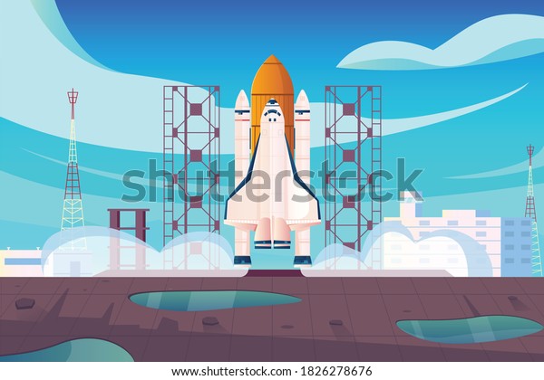 Rocket launch flat composition with view of\
launching site with space centre buildings and starting rocket\
vector illustration