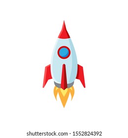 Rocket launch in a flat style isolated on white background. Business product concept. Project start up and innovation product. Vector illustration.	