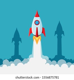 Rocket launch in a flat style isolated on blue background. Business product concept. Project start up and innovation product. Vector illustration.