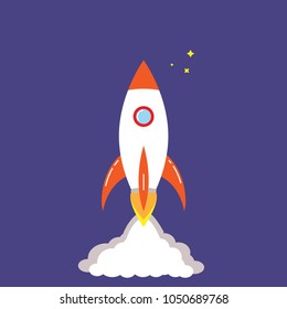 Rocket launch flat vector illustration on dark blue background. Spaceship taking off. Scientific research and cosmos development. Mars colonization. Galaxy exploration vehicle. Startup technology