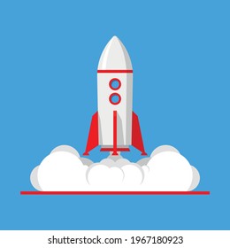 Rocket launch flat vector illustration isolated on blue background. Startup concept.