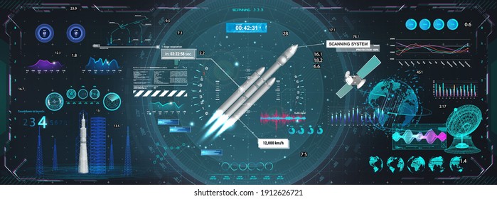 Rocket launch and flight, dashboard, HUD style control center. Set of space elements for GUI, UI, UX and education App. Sci-fi 3D elements with HUD, UI interface. Cockpit dashboard graphic panel.