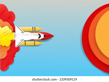 rocket launch, flying rocket, blue sky background, paper art