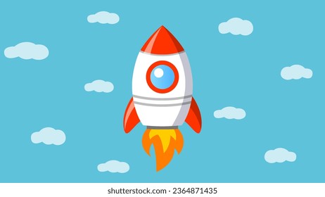 Rocket launch. Rocket flying in blue sky with clouds