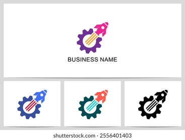 Rocket Launch Flying Cogwheel Gear Logo Design
