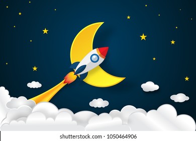 Rocket launch flying, half moon, clouds and stars in the night as paper art and craft style concept. vector illustrator.