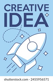 Rocket launch flying over stars. Career growth, creative idea, business concept. Vector minimalist poster, a4 format. For banner, cover, web