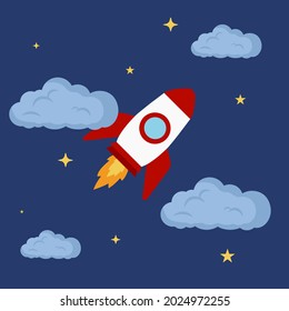 Rocket launch. Flying rocket in the sky, clouds, stars. Flat style vector illustration