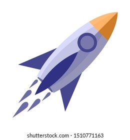 Rocket launch and force from missile spaceship into space with flames. White background. Icon vector illustration