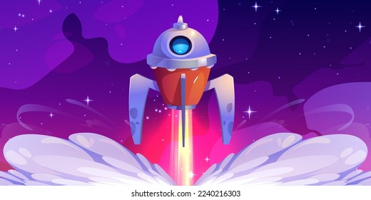 Rocket launch. Futuristic spaceship flying up from planet with smoke clouds on background of night sky with stars. Fantasy cosmos poster with space ship, vector cartoon illustration